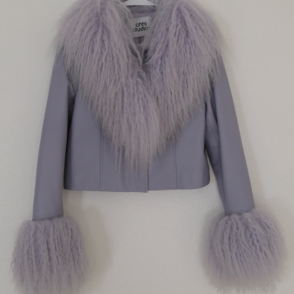 Women's Lavender Leather and Fur Jacket - Picture 1 of 4